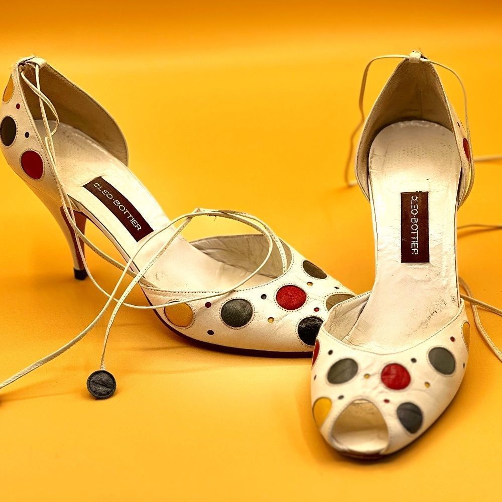Rare Cleo Bottier Polka Dot Leather Heels with Ankle Ties